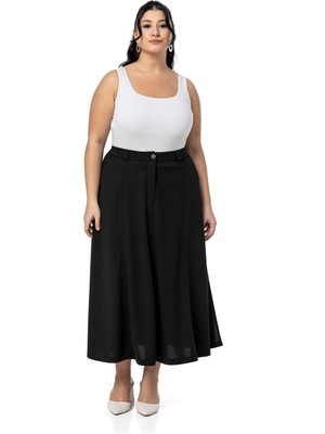 Büyük Beden Yanlardan Yırtmaçlı Beli Arkadan Lastikli Midi Siyah Etek