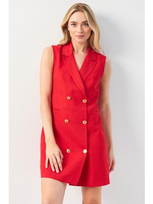 Önde Altın Sarısı Düğmeli Kolsuz Ceket Tarzı Elbise