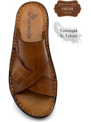 Sermoda Gerçek Deri Erkek Terlik Hafif Terlik Deri G Taba