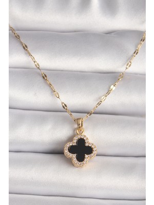 Clariss 316L Çelik Gold Renk Zirkon Taşlı Siyah Yonca Model Kadın Kolye