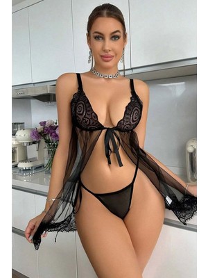 Hotflirt Nl 7020 Kadın Siyah Dekolteli Transparan  Gecelik - Siyah - S-M