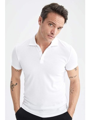 DeFacto Slim Fit Dar Kesim Kısa Kollu Pamuklu Modal Karışımlı Basic Düz Beyaz Polo Tişört M6609AZ23SP