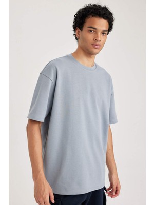 DeFacto Oversize Geniş Kalıp Bisiklet Yaka Kısa Kollu Basic Düz Ağır Kumaş Tişört X3926AZ23AU