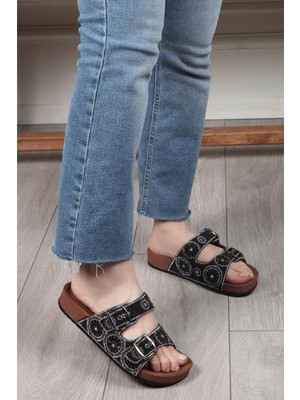 Pienn 20054-002 Kadın Taşlı Çift Tokalı Comfort Terlik Siyah