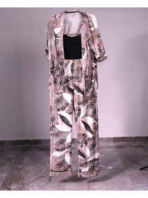 Kadın Yaprak Desen Pembe Siyah Renk 3'lü Pijama Takımı - Nişan Bohçası Gelin Hediye
