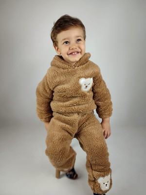 Ayıcık Nakış Detaylı Kapüşonlu Peluş Welsoft Kız Erkek Unisex Çocuk 2'li Eşofman Takımı