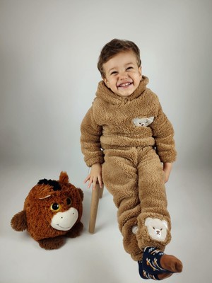 Ayıcık Nakış Detaylı Kapüşonlu Peluş Welsoft Kız Erkek Unisex Çocuk 2'li Eşofman Takımı