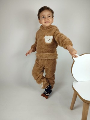 Ayıcık Nakış Detaylı Kapüşonlu Peluş Welsoft Kız Erkek Unisex Çocuk 2'li Eşofman Takımı