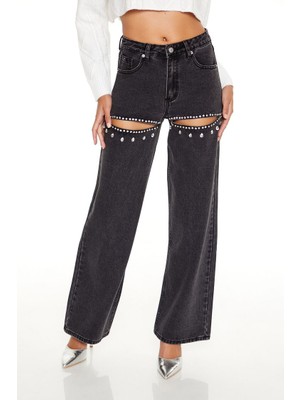 Rhinestone Dekolteli Wide-Leg Jean Pantolon