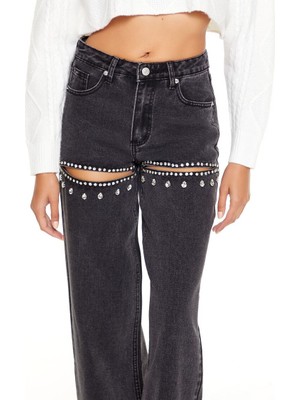 Rhinestone Dekolteli Wide-Leg Jean Pantolon