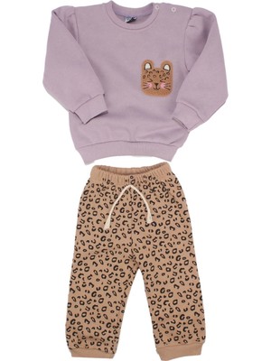 Bebegen Kız Bebek Lila Kahve Kedi Nakışlı Leopar Desenli 3 Ip 2'li Takım