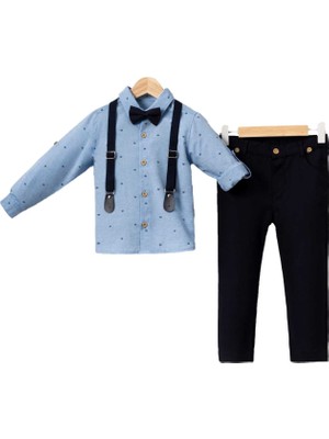 Bebegen Erkek Çocuk Mavi Lacivert Pantolonlu Nokta Denli Gömlekli Papyonlu Askılı Uzun Kol 3'lü Takım