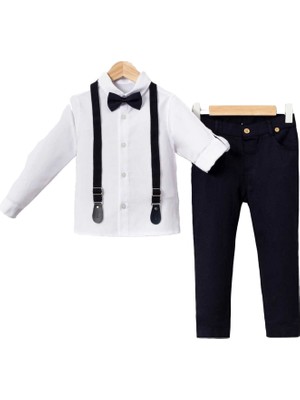 Bebegen Erkek Çocuk Beyaz Laci Pantolonlu Papyonlu Salopetli 3'lü Takım