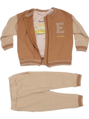 Bebegen Erkek Çocuk Kahve Bej E Nakışlı Kolej Hırkalı 3'lü Takım