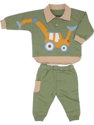 Bebegen Erkek Bebek Yeşil Sarı Kepçe Desenli Yakalı 2'li Takım