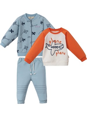 Bebegen Erkek Bebek Mavi Uçak Baskılı Fermuarlı 3'lü Takım