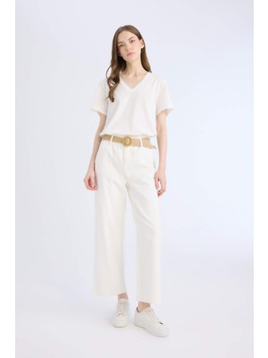DeFacto Gabardin Kumaş Pantolon Paperbag Cepli Yüksek Bel Duble Paça Basic Düz Kemerli D3781AX24AU