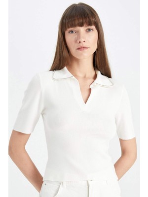 DeFacto Fitted Polo Yaka Taş İşlemeli Kısa Kollu Triko Kazak D4618AX24AU