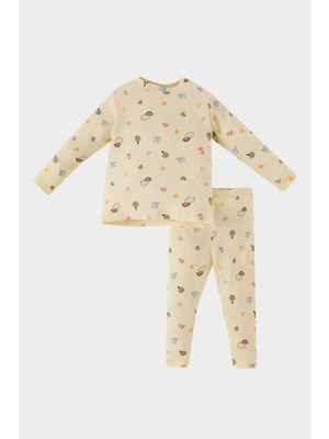 DeFacto Kız Bebek Pijama Takımı Desenli Bisiklet Yaka Uzun Kollu Fitilli Kaşkorse Üst Uzun Alt D5376A524WN