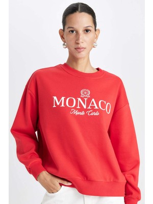 DeFacto Relax Fit Bisiklet Yaka Baskılı Kalın Kırmızı Sweatshirt D6715AX24WN