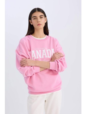 DeFacto Oversize Geniş Kalıp Bisiklet Yaka Baskılı Kalın Sweatshirt D9805AX24WN