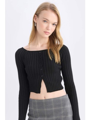 DeFacto Fitted Açık Omuz Crop Siyah Triko Kazak E0727AX24WN