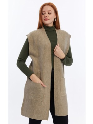 Kadın Desensiz Düz Çift Cepli Triko Yelek