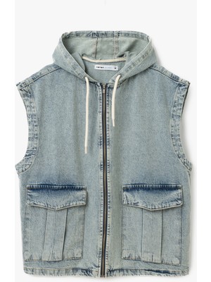 Koton Kapüşonlu Fermuarlı Kapaklı Cepli Oversize Pamuklu Kolsuz Denim Yelek