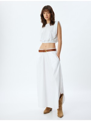 Koton Crop Kolsuz Bluz Bisiklet Yaka Beli Lastikli Viskon Kumaş