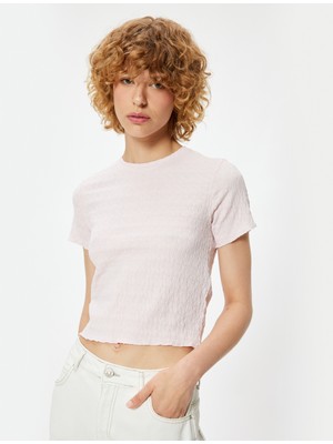 Koton Bürümcük Tişört Crop Kısa Kollu Bisiklet Yaka Slim Fit