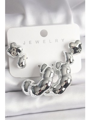 Gümüş Renk Yonca Damla Halka Model Ccb Plastik Kadın Küpe Seti