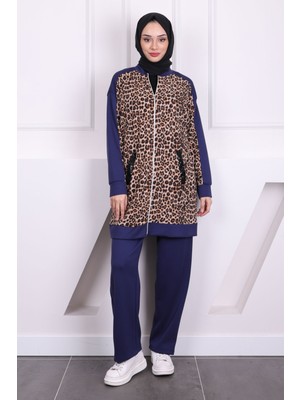 İmaj Butik Lacivert Payetli Leopar Modal Tunik Pantolonlu