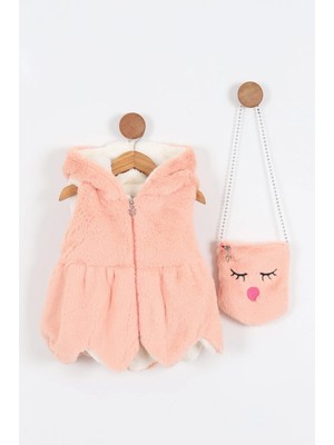 Kız Çocuk Peluş Mont Kürk Yele Takım Elbise 2 Li Cuzdanlı Yelek Takım