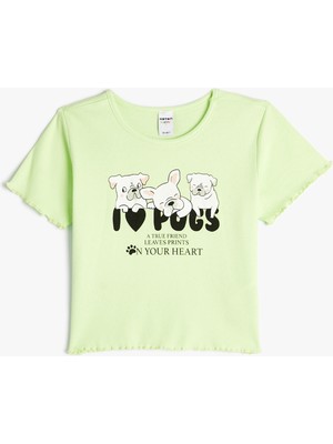 Koton Crop Tişört Köpek Baskılı Kısa Kollu Yuvarlak Yaka Pamuklu