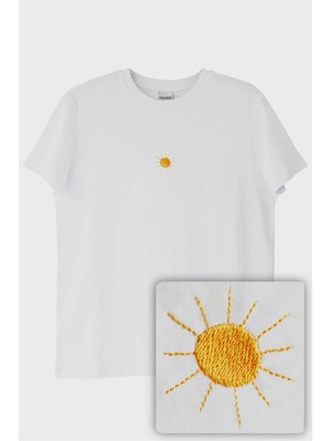 Güneş Desenli Nakış Tişört - Sevgililer Günü Çift Tişörtleri