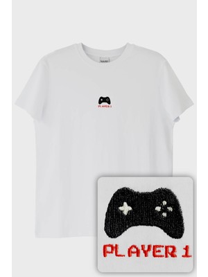 Player 1 Joystick Desenli Nakış Tişört - Gamer Çiftler Için