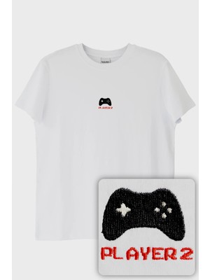 Player 2 Joystick Desenli Nakış Tişört - Gamer Çiftler Için
