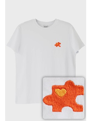 Turuncu Puzzle Parçası Desenli Nakış Tişört - Sevgililer Günü Çift Tişörtü