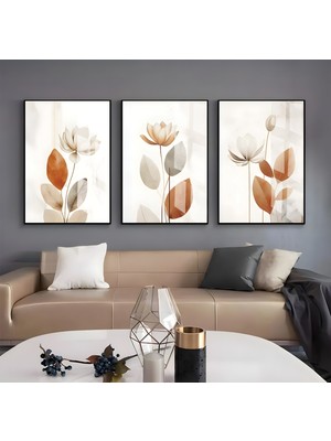 Emya Home Metal Çerçeveli Üçlü Renkli Çiçekler Cam Tablo