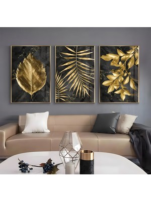 Emya Home Metal Çerçeveli Üçlü Gold Çiçekler Cam Tablo