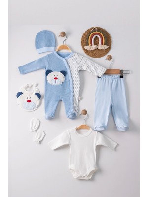 Ayıcık Nakışlı Tulumlu % 100 Pamuk Erkek Bebek 5'li Set