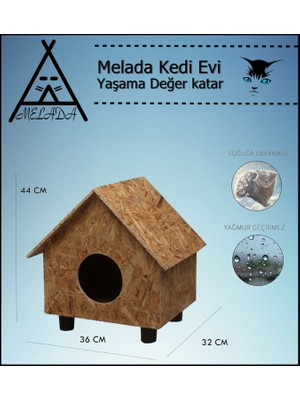 Melada Mobilya Kedi Evi Dış Ortam Uygun Ahşap Kedi Evi Osb 44x36x32 cm