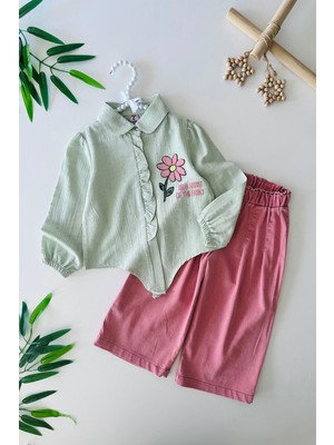 Miniğimin Cicileri Papatya Baskılı Bağlama Detaylı Bol Pantolunlu Kız Çocuk 2 li takım - Yeşil