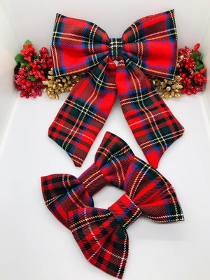 İnderin Anne-Kız Tokası Kırmızı Ekose Desenli Toka (Otomatik Toka - Pens Toka) Yılbaşı - Özel Gün - Davet