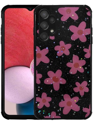 Heptek İletişim Galaxy A13 4g Kılıf Simli Desenli Kamera Korumalı Parlak Popy Kapak-Çiçek