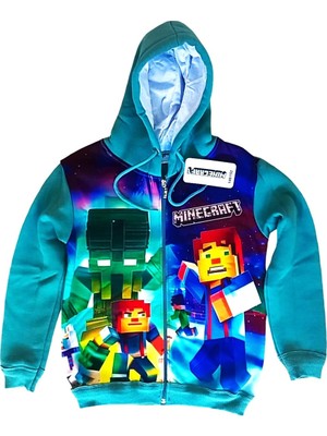 Minecraft 3D Dijital Baskılı Fermuarlı Uzun Kol Çocuk Sweatshirt 3-15 Yaş