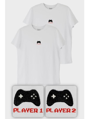 NUUGG Player 1 ve Player 2 Nakış Sevgili Kombin Çift Tişörtleri - Gamer, Oyuncu Hediyesi - 2 Adet