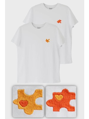 NUUGG Puzzle Parçalı Nakış Sevgili Kombin Çift Tişörtleri - 2 Adet - Sevgililer Günü Hediyesi