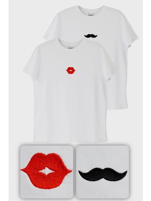 NUUGG Dudak ve Bıyık Desenli Nakış Sevgili Kombin Çift Tişörtleri - 2 Adet