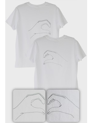 NUUGG Kalp Eller Desenli Nakış Sevgili Kombin Çift Tişörtleri - 2 Adet